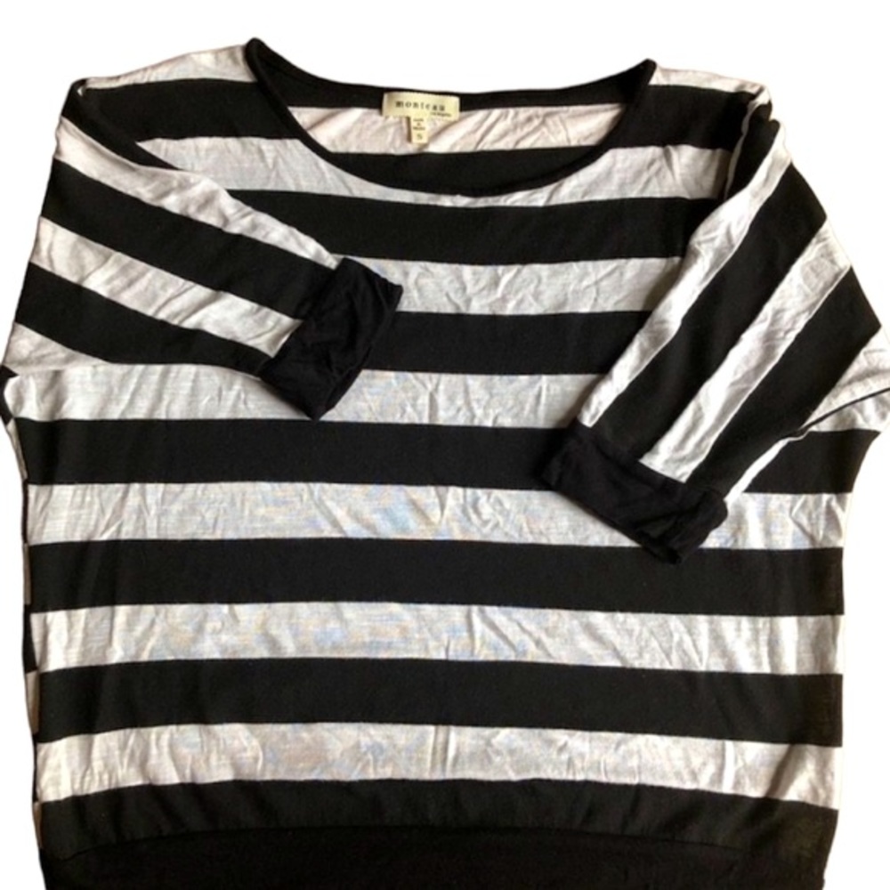 Monteau Black White Striped Soft Dolman Short Sleeve Top Tee Relaxed Y2K Small - Picture 4 of 5